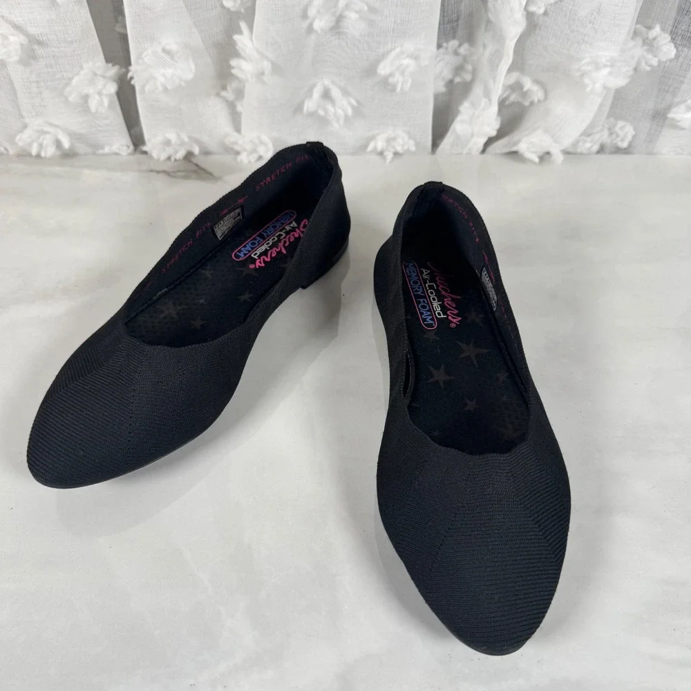 Skechers Black Knit Pointed‎ Toe Flats Air Cooled Memory Foam Insoles Slip On 7